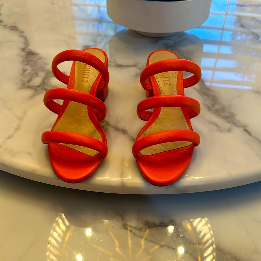 New Schutz Bright Orange Olly Bock Heel Leather Sandals Size 5B
